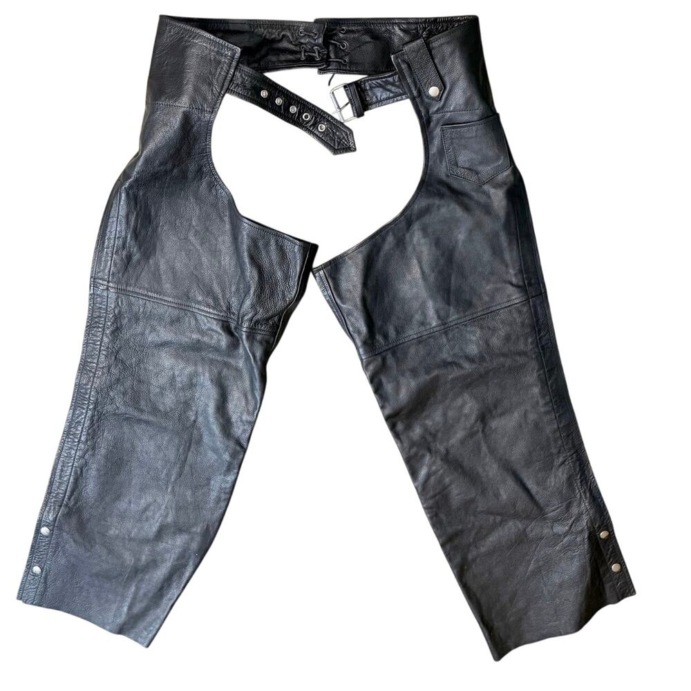 Biker’s Gear Black Leather Motorcycle Chaps Size L Zip Snap Riding Chaps